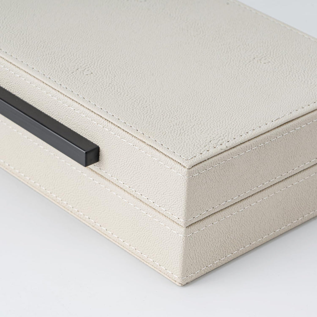 Beige Shagreen Decorative Storage Boxes with Black Metal Handles -Faux Leather Large Modern Stackable - Set of 2