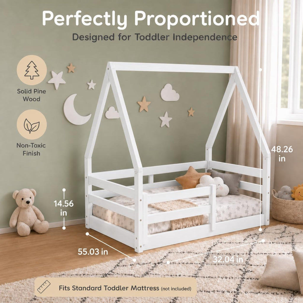 The Tree Montessori Floor Bed House Frame Canopy, White Finish