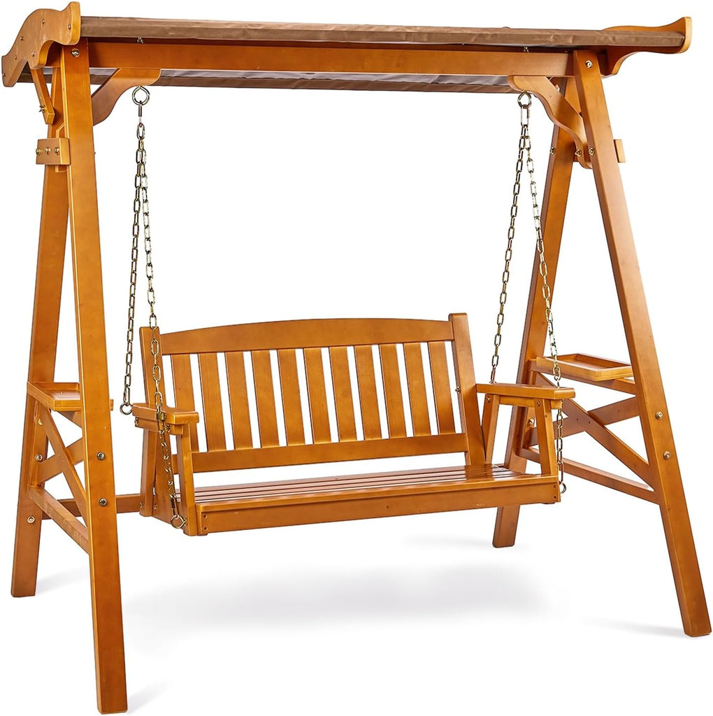 Porch Swing with Canopy and Stand, Waterproof Outdoor Swing, Brown | Waterproof Sunshade Canopy; Stable Swing Frame;