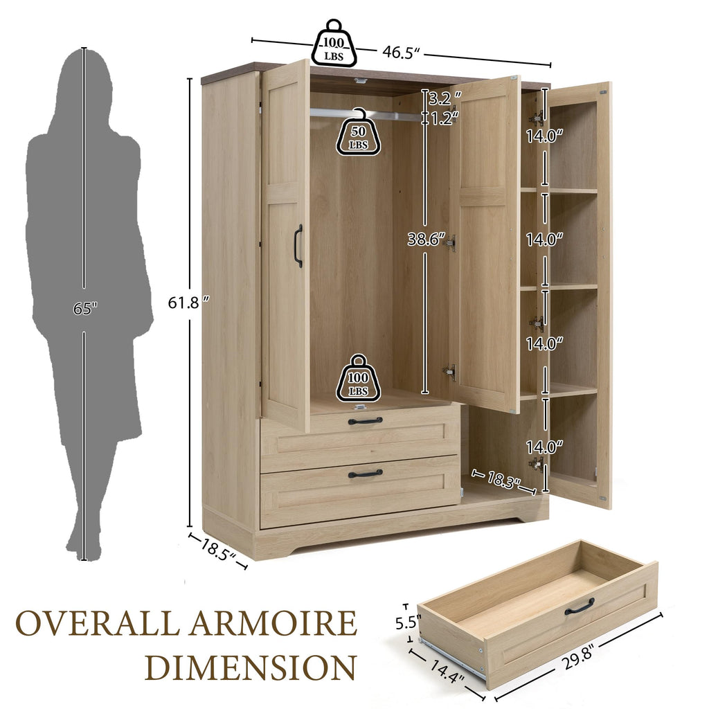 62" Wooden Armoire Wardrobe Closet with Mirror, Natural, 3 Doors