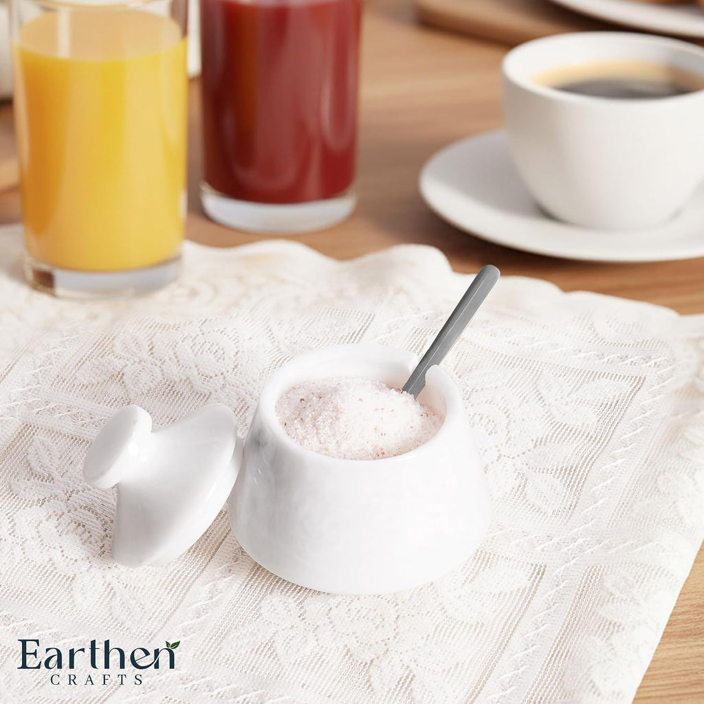Marble White Salt Cellar with Lid & Spoon, 3 Inch