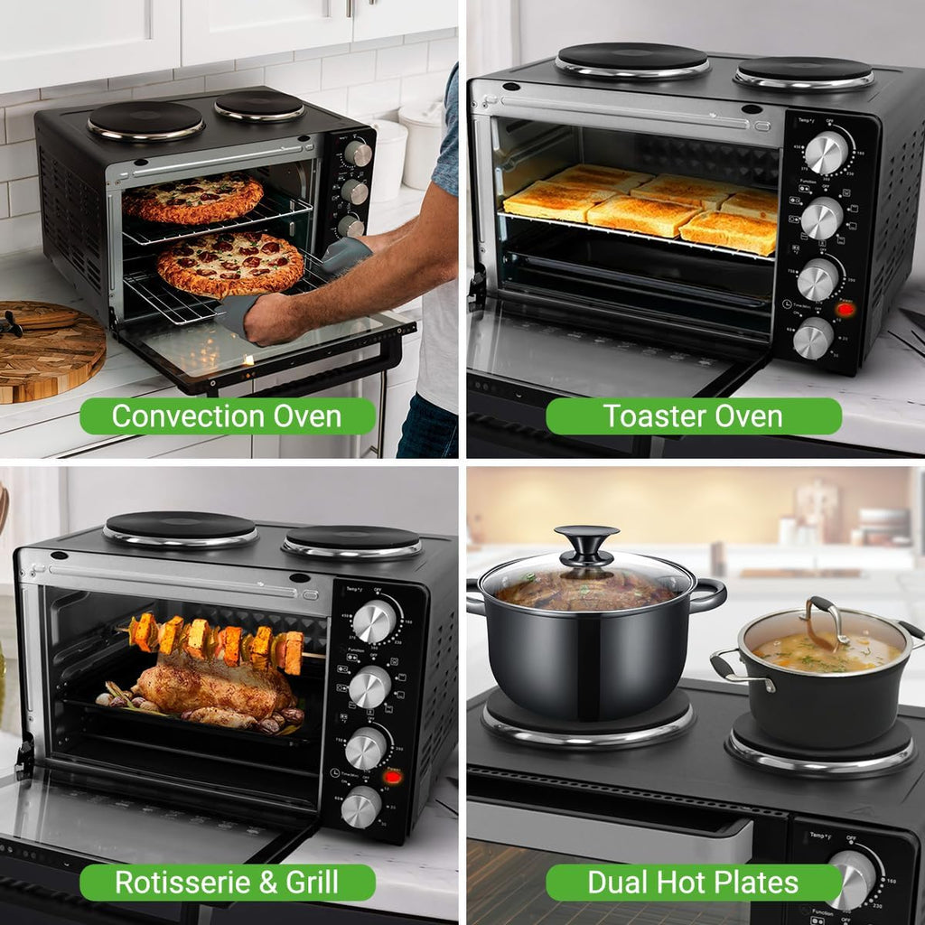 30 Quart Kitchen Convection Oven & 2 Burner Cooker - 1500 Watt Oven - 7 Cook Functions Rotisserie, Cook, Bake, Broil &