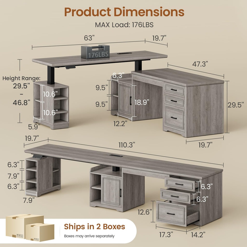 Farmhouse L Shaped Standing Desk with Storage (Grey)