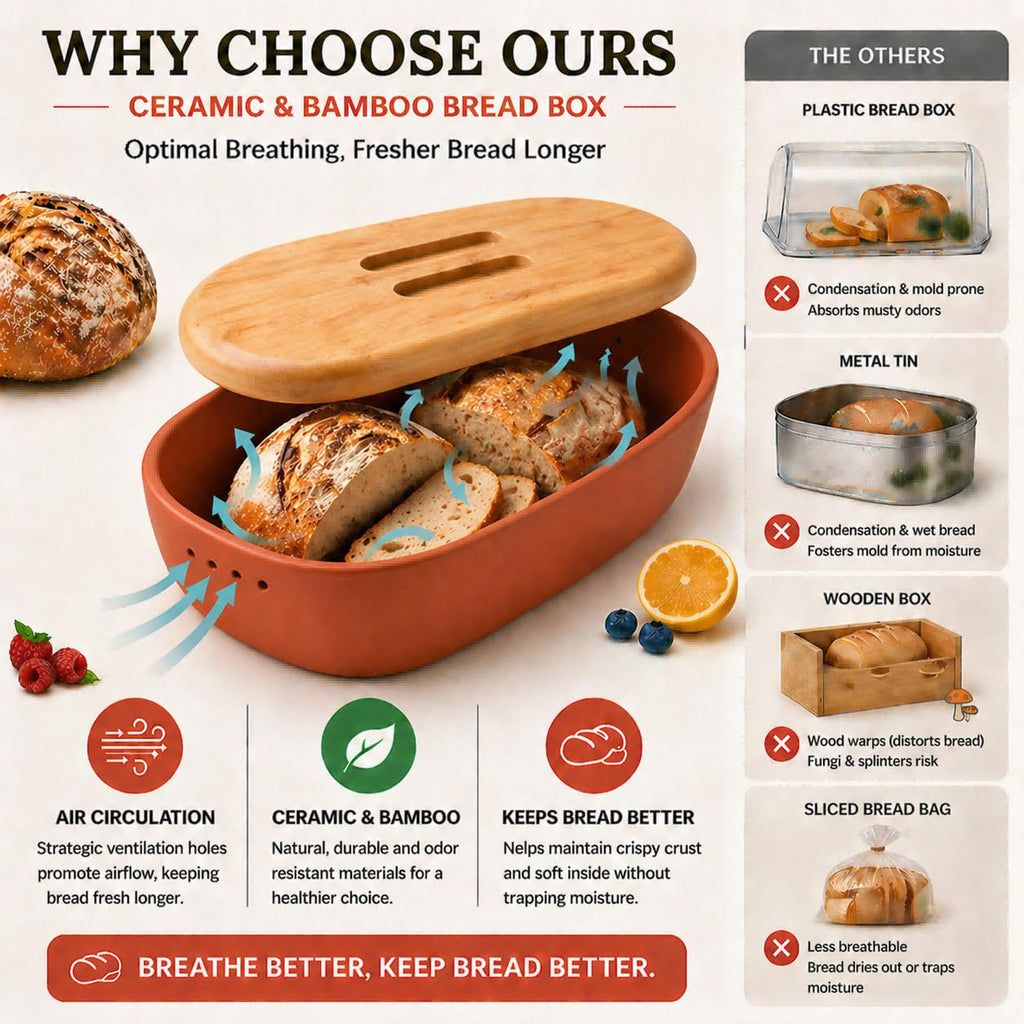 Terracotta Bread Saver Box with Gift Box, Internal 9.8"x5.1"x3.9" Small Bread Bin with Natural Bamboo Lid,Food-Safe