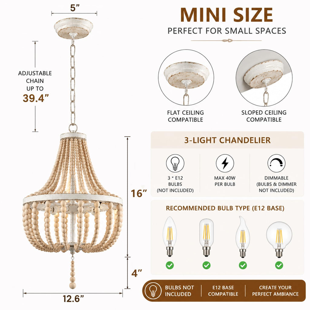 3-Light Mini Bohemian Wood Beaded Chandelier Pendant Boho Light Fixture, Antique Metal Finish Natural Color Wooden