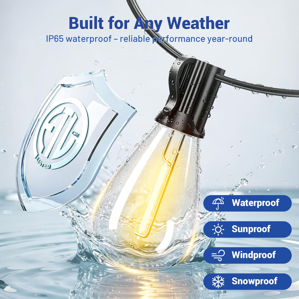 Outdoor String Lights with Remote & Dimmable, 72+2 Shatterproof Waterproof Bulbs, Dimmable Outside Hanging