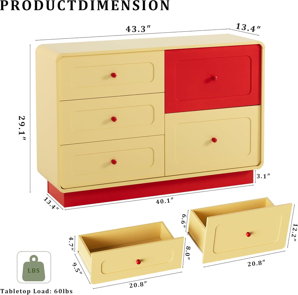 Yellow and Red 5 Drawer Dresser with Large Drawers Curved Edges | Modern Wooden 43.3" Wide Dressers, Storage
