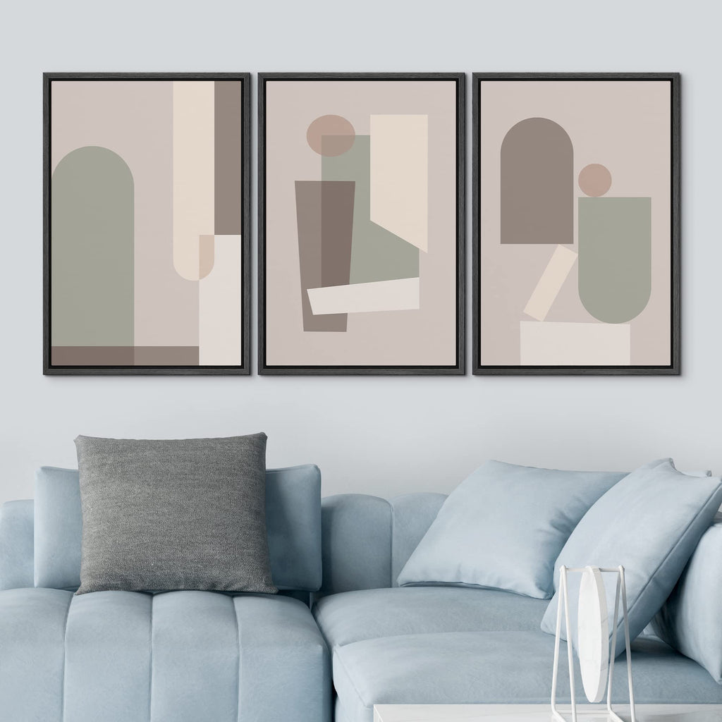 Framed Canvas Print Wall Art Set Pastel-Mid Century Geometric Figure Collage Abstract Shapes Illustrations Minimalism