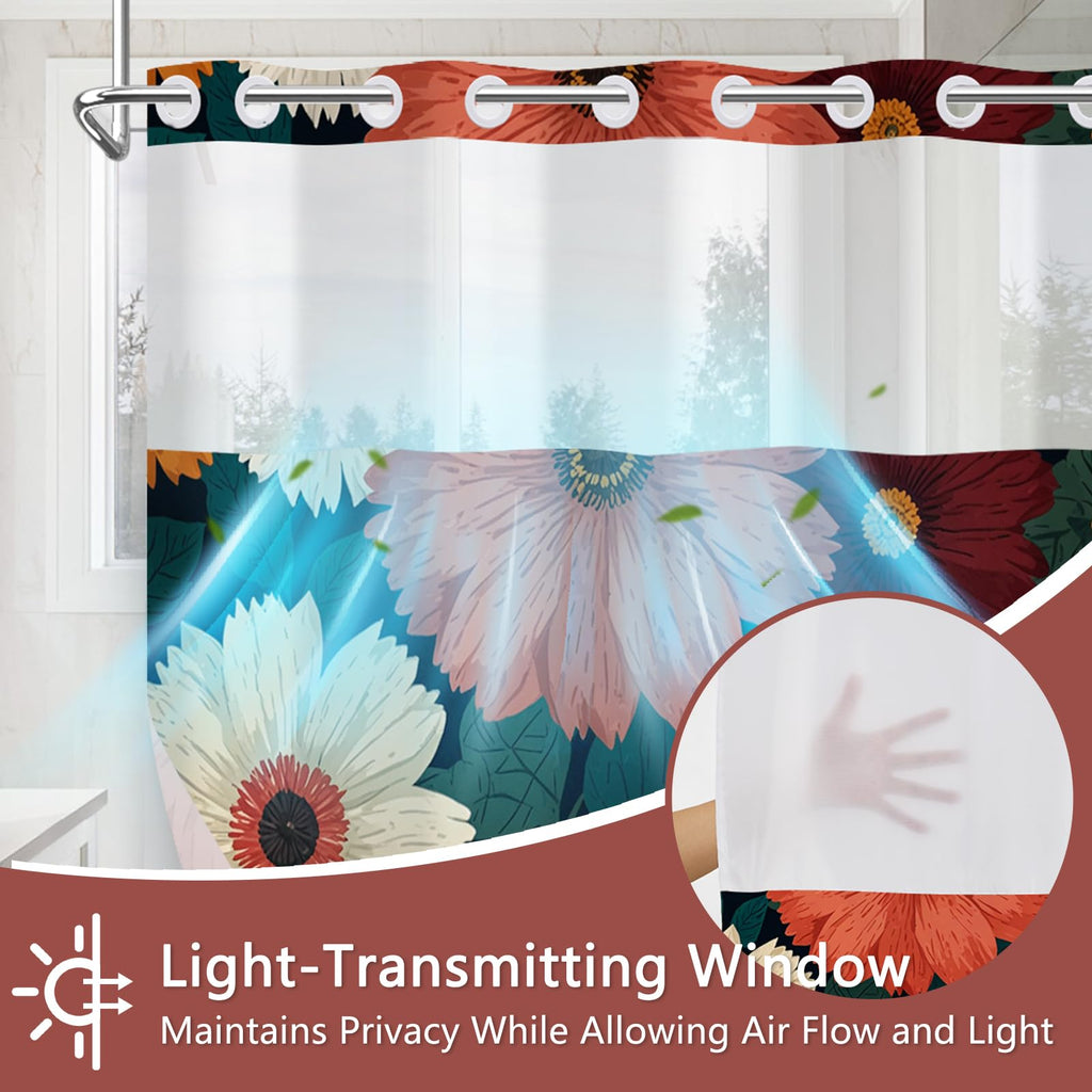 Hook-Free Waterproof Shower Curtains with Snap in Liner and Top Ventilation Window, Washable Shower Curtain with