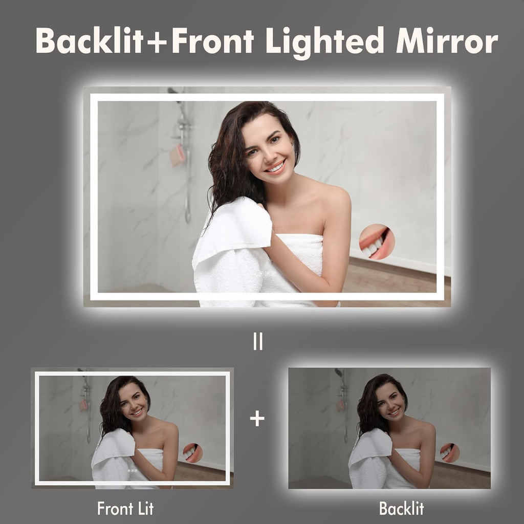 60x36 LED Bathroom Mirror with Lights, Dimmable, Anti-Fog, Backlit + Front Lit, and 3X Magnification Mirror, Smart