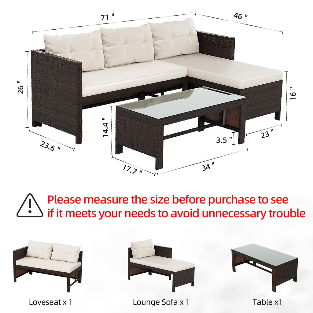 3 Pieces Outdoor Patio Furniture Set, Wicker Patio Conversation Set, All Weather Wicker Rattan Patio Seating Sofas