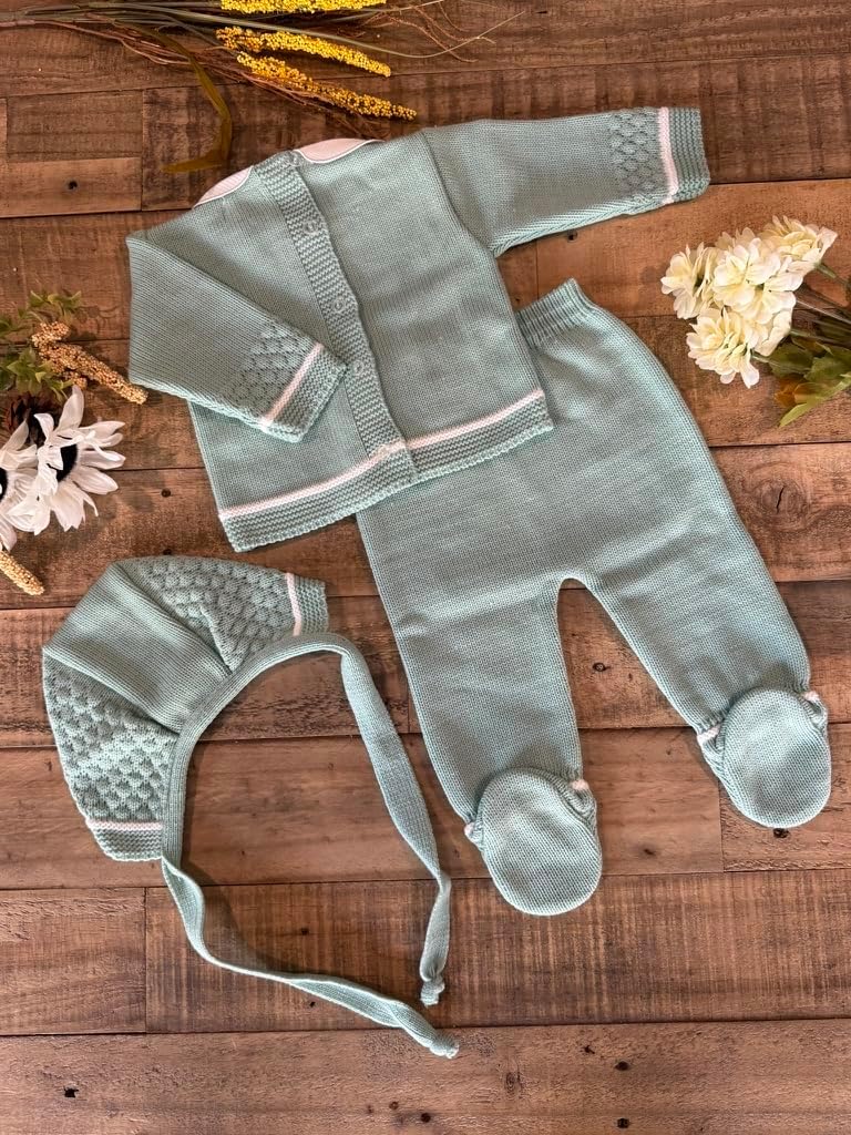 Piece Baby Knitted Set Sweater Footed Pants Hat Boys Girls Coming Home Newborn Outfit - Made in Spain