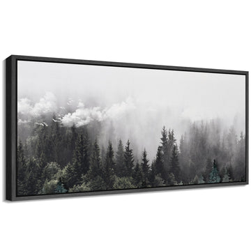 Extra Large Framed Canvas Foggy Pine Forest with Flying Birds Monochrome Illustrations Modern Art Calm Warm - 60"" x30