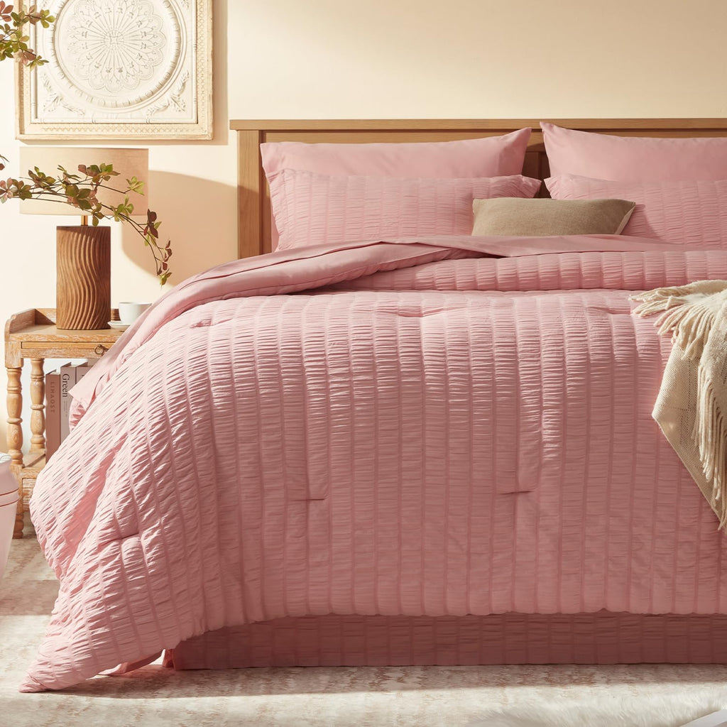 Full Comforter Sets 7 Pieces, Pink Seersucker Bed in a Bag Set Full, All Season Luxury Bedding Sets with Comforter