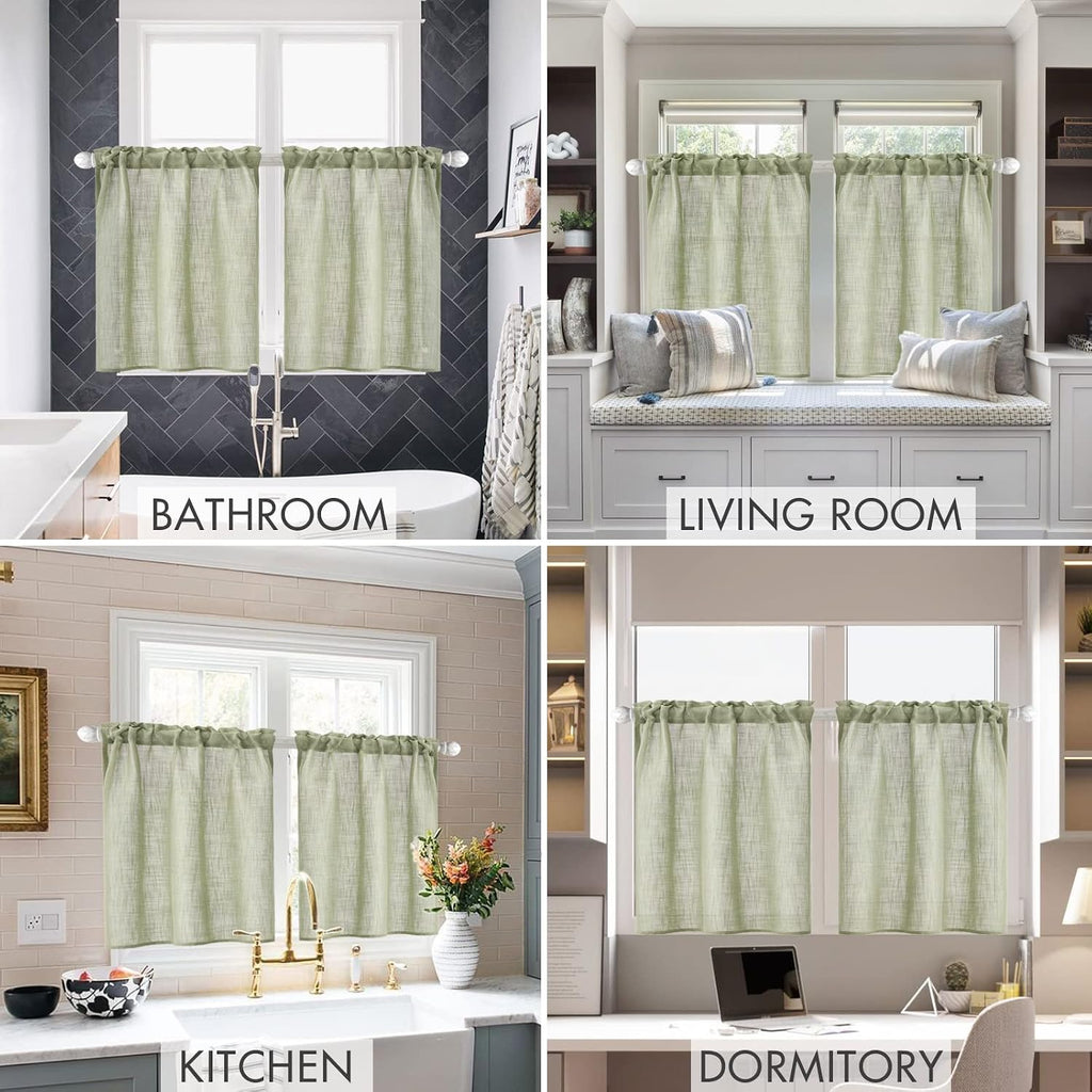 Spring Linen Textured Kitchen Window Curtains over Sink 24 Inch Length Semi Sheer Farmhouse Small Curtains for Cafe