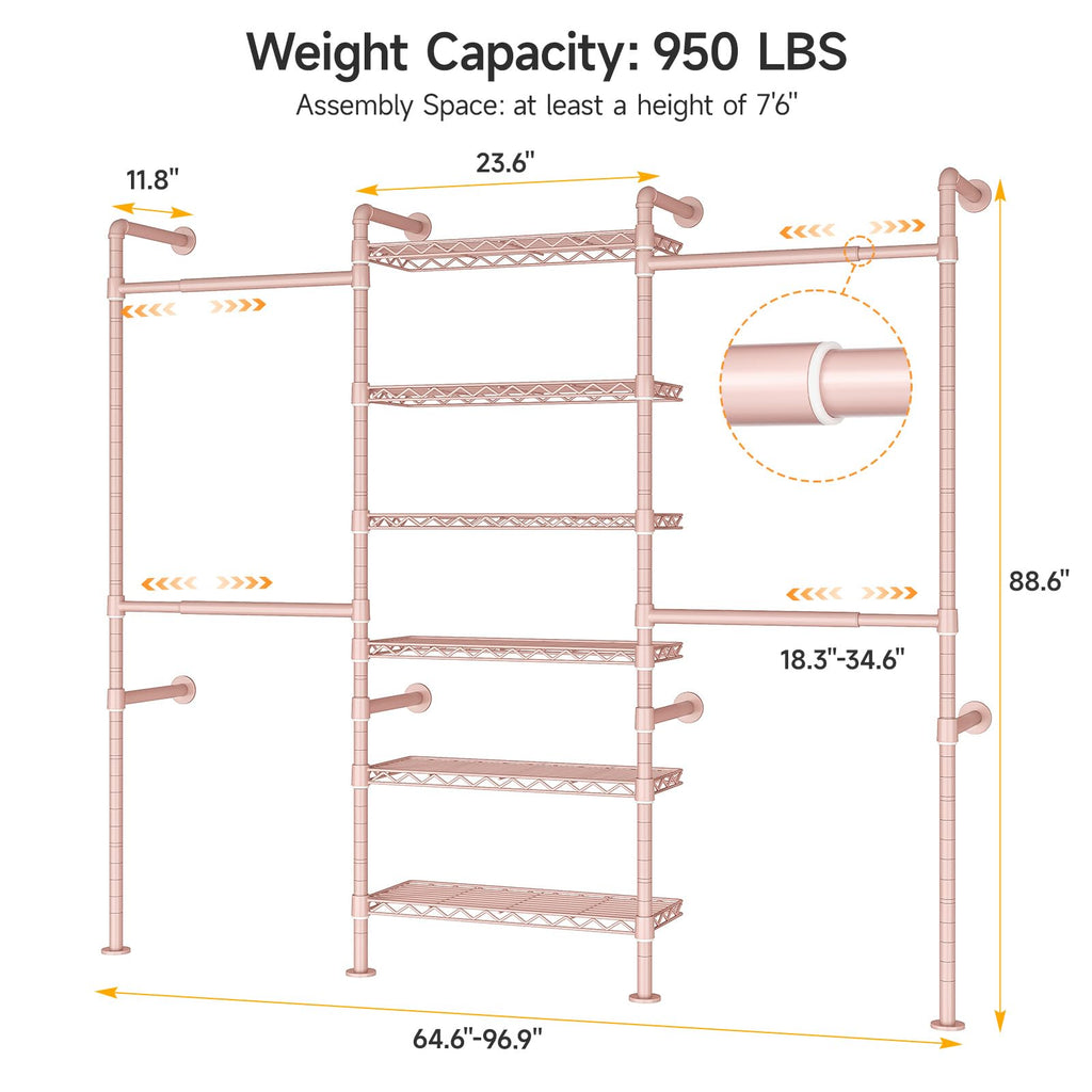H3 Wall Mounted Closet System, Industrial Pipe Clothing Rack, Pink