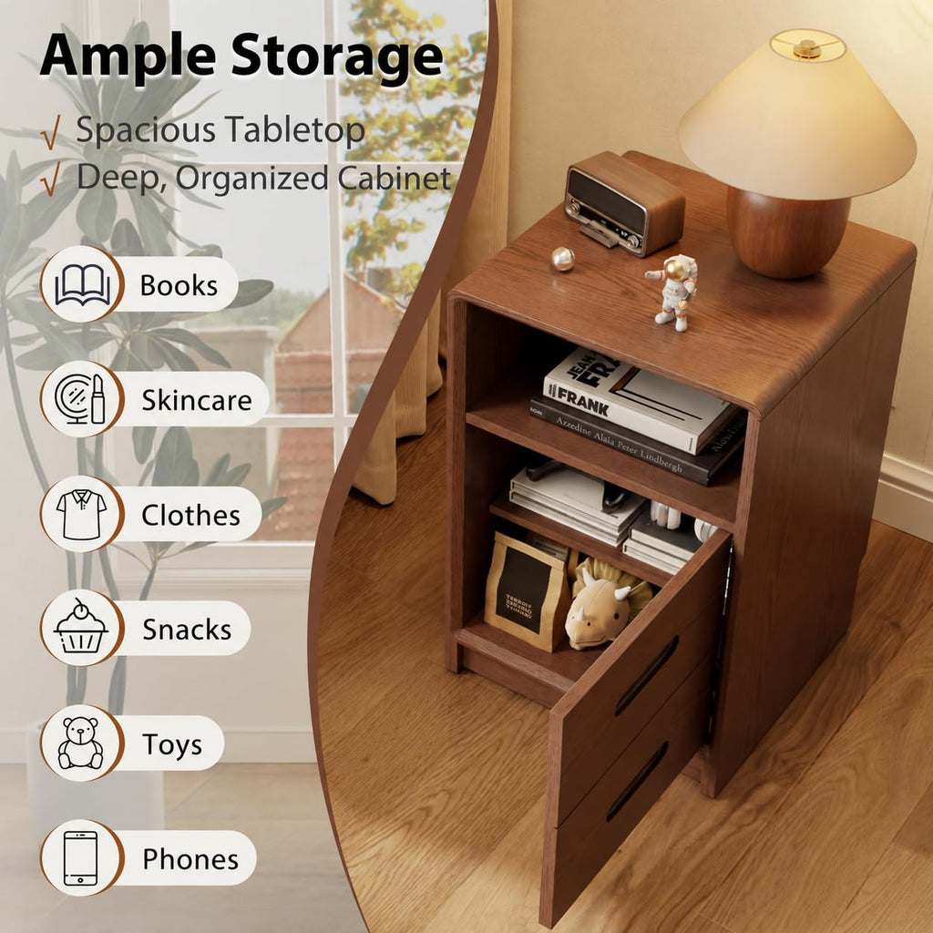 Rubberwood Nightstand, Modern Walnut Bedside Table with Removable Shelf, Open and Concealed Storage, Wooden Night
