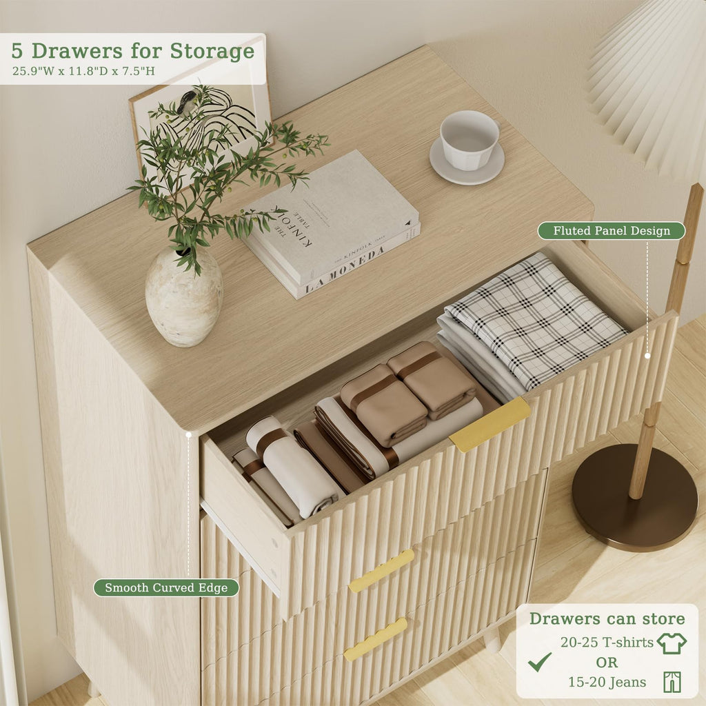 Beige 5 Drawer Dresser, 45" Tall Modern Chest of Drawers with Fluted Panel, Curved Profile Design, Metal Handles