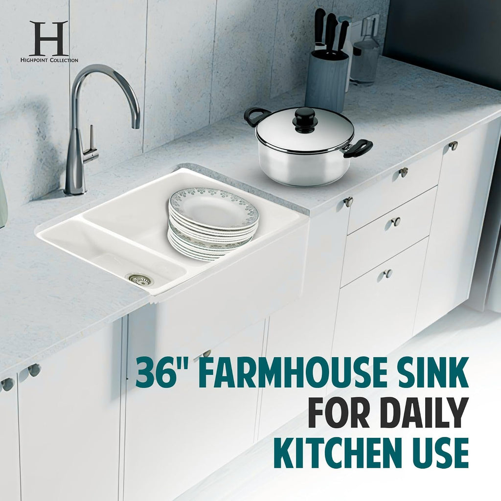 White Farmhouse Sink, 36" Farm Kitchen Sink, Fireclay | Apron Front, 90/10 Double Bowl, Reversible, Undermount, Made