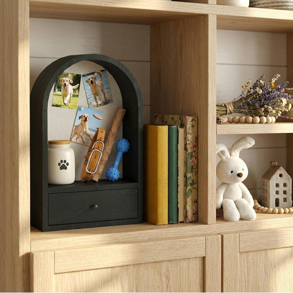 Pet Memorial Shadow Box, Arched Wooden Box with Front Opening Vintage Latch, Drawer Design for Dog Memorial, Wall