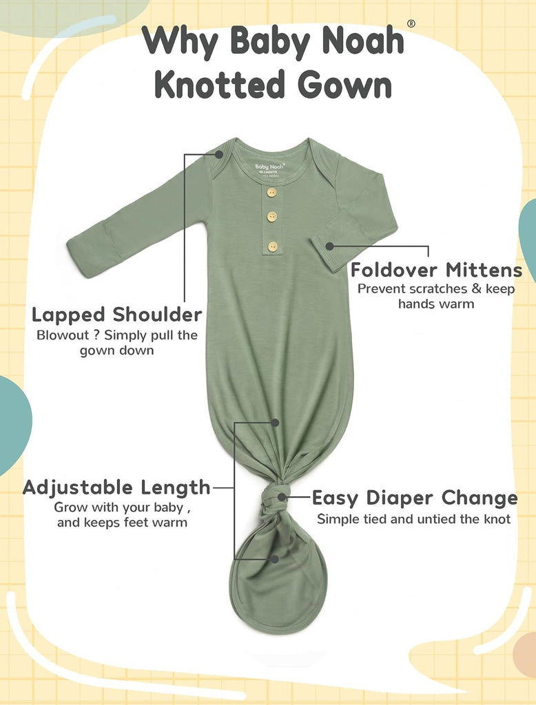 Newborn Knotted Gown, Ultra-Soft Silky Long Sleeve Sleeper, Unisex Coming Home Outfit Set With Wooden Name Sign