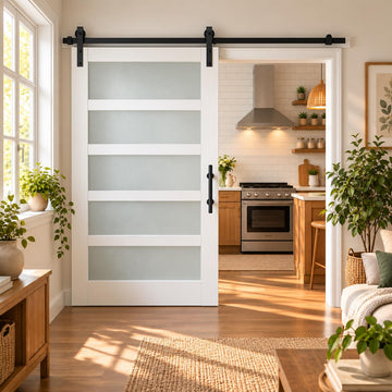 46in x 80in Glass Sliding MDF Barn Door with Sliding Door Hardware Kit, 5 Tempered Frosted Glass, Slab Inside Covered