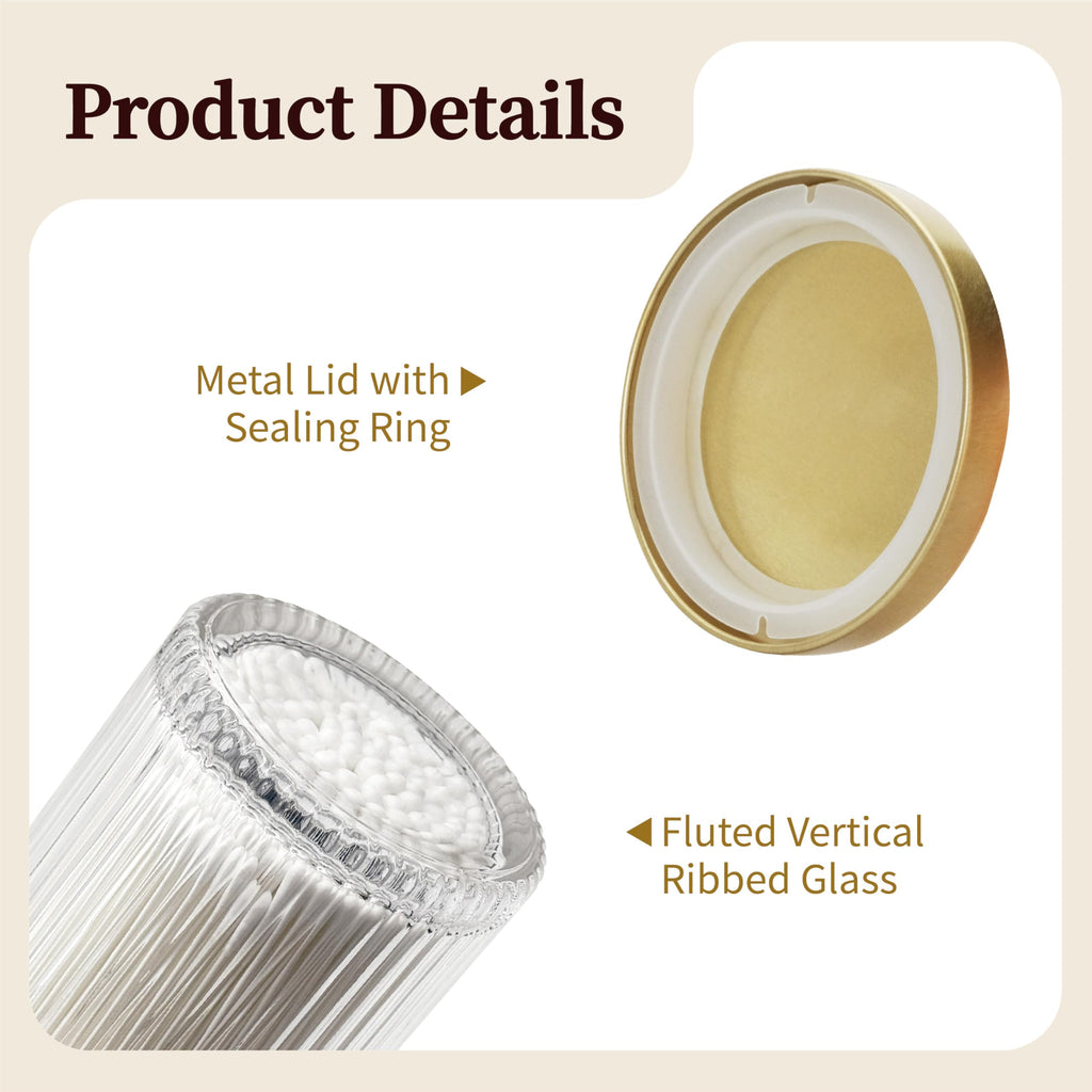 2 Pack Qtip Holder Dispenser with Metal Lids | Ribbed Glass Canister Set Vanity (Gold 2 Pcs)