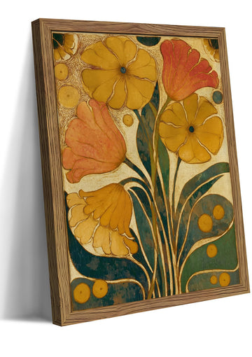 Framed Vintage Art Nouveau Floral Wall Art, Yellow and Orange Flower Canvas Print, Retro Rustic Botanical Artwork