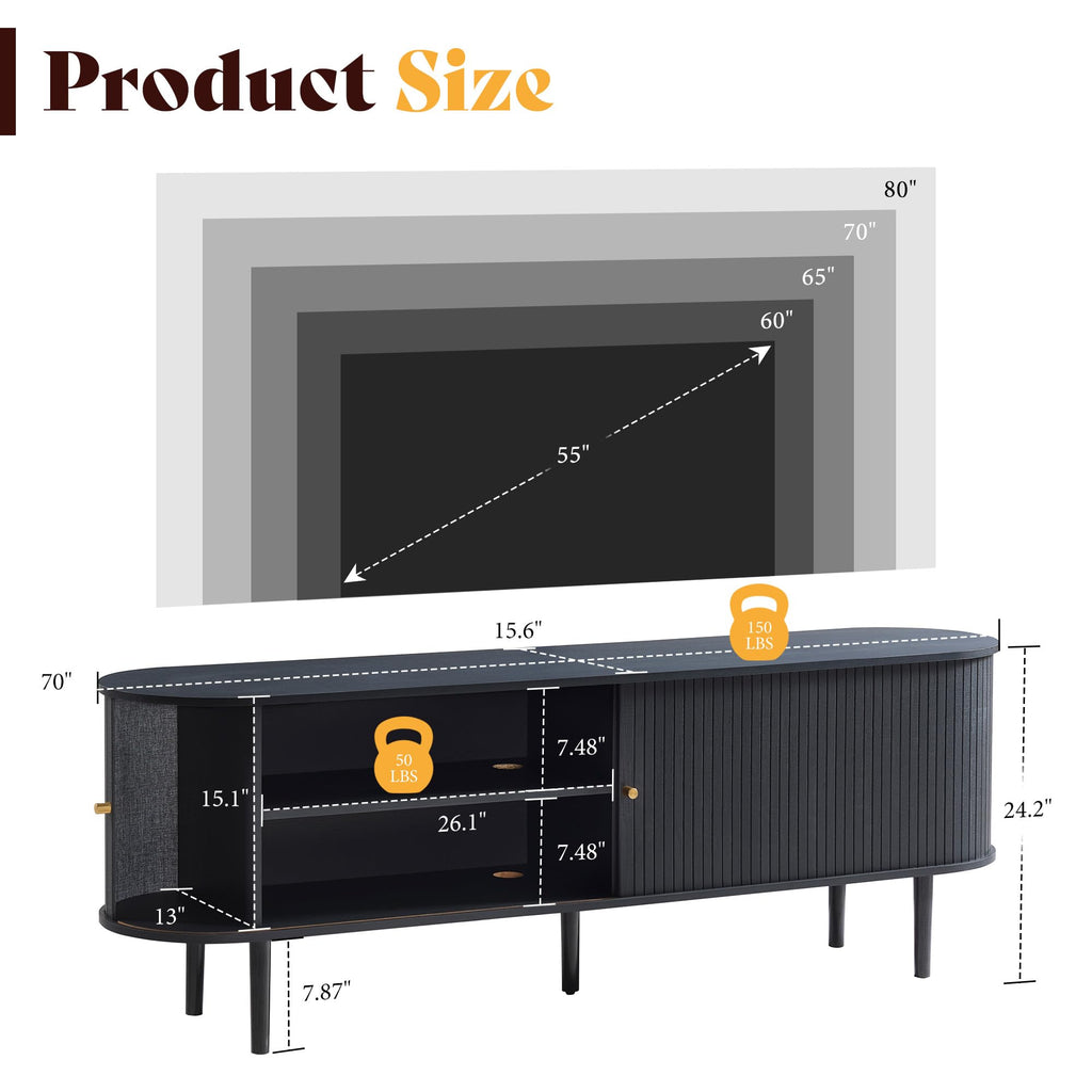 70" Mid-Century Modern Fluted TV Stand with Storage, Black