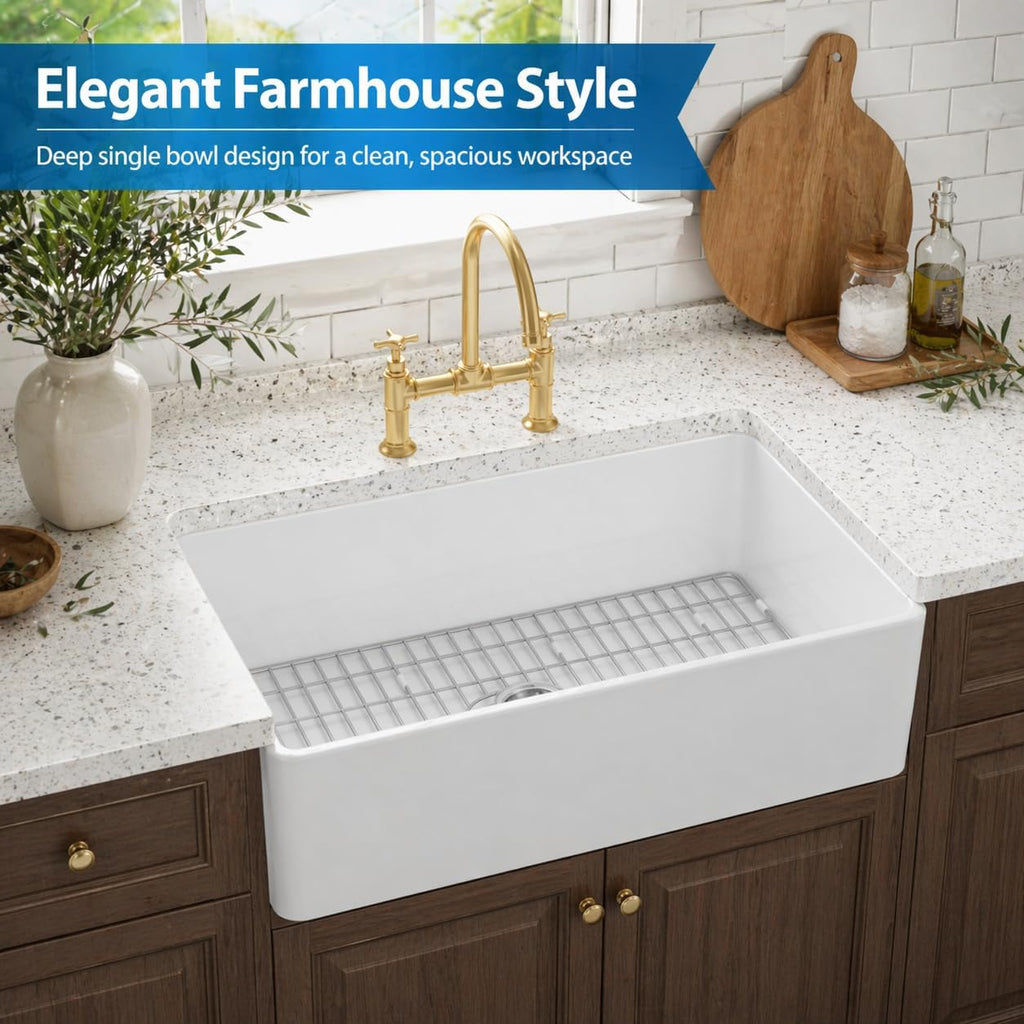 36 x 18 Inch Farmhouse Kitchen Sink, White Fireclay Apron Front Single Bowl Sink, Large Deep Kitchen Sink with 304