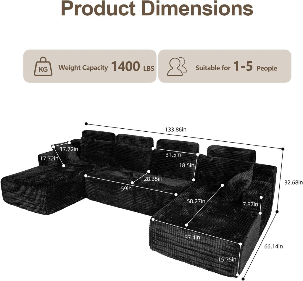 134" Boneless Couches - Modular Sectional Sofa U Shaped Oversized Deep Seat High Back Corduroy No Assembly Modern
