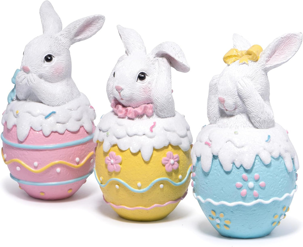 Easter Bunny Figurines - 5.3" Hand-Painted Resin Decorations with Pastel Easter Egg Design - Set of 3