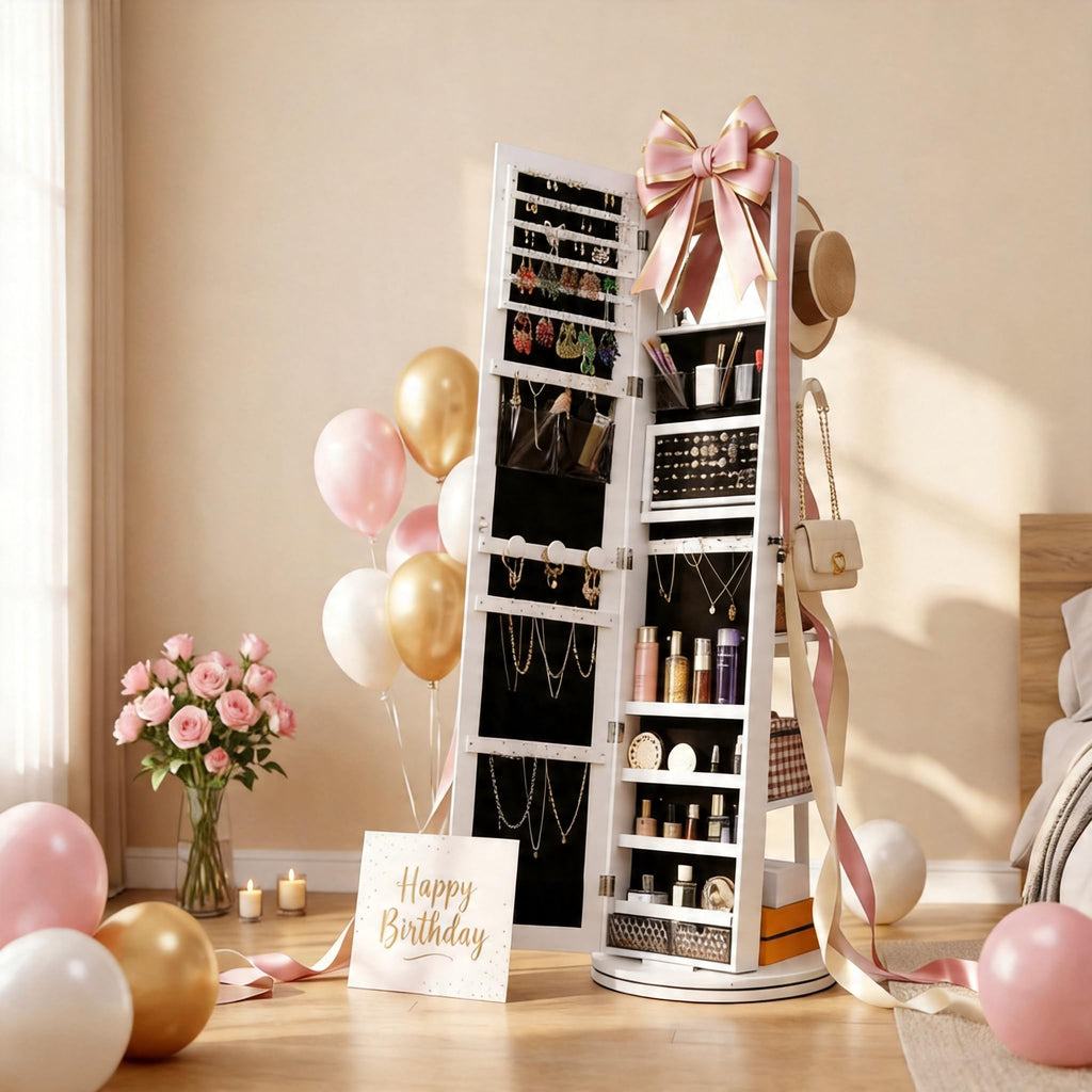 360° Swivel Jewelry Cabinet with Full-Length Mirror, Power Outlet