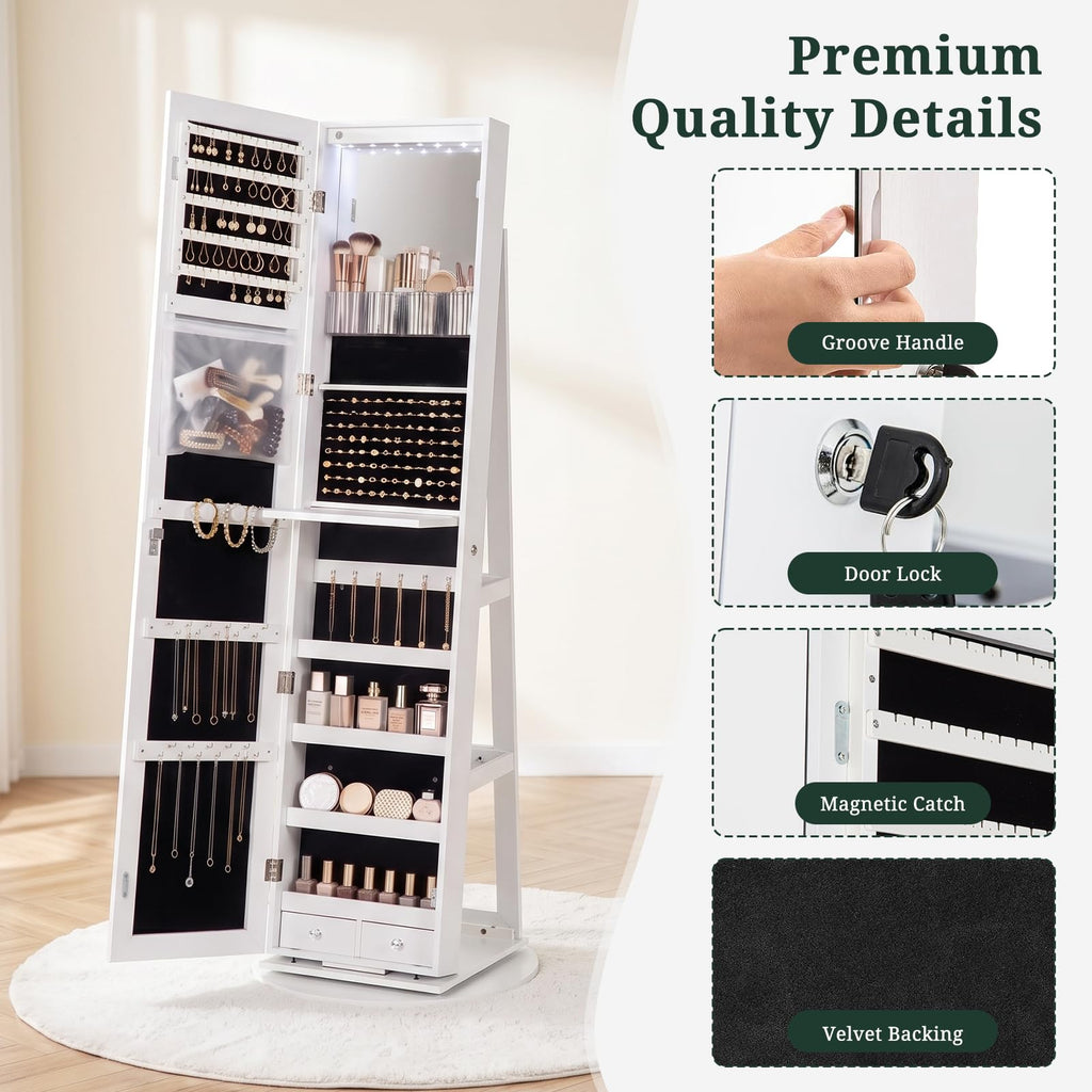 360° Swivel Jewelry Armoire Cabinet with Full Length Mirror, Lockable Jewelry Organizer with 6 LED Vanity Mirror, 3