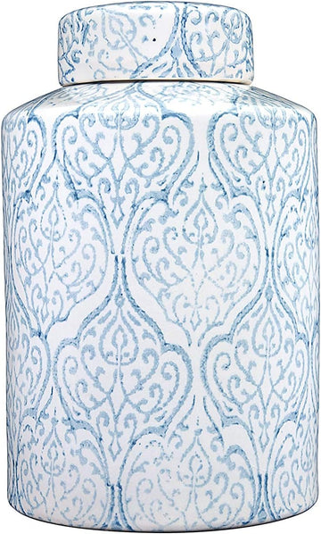 Tall Decorative Ceramic Ginger Jar with Lid, Blue and White Floral Pattern