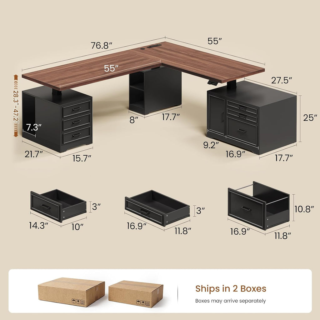 Farmhouse L Shaped Electric Standing Desk with File Cabinet, 77 x 55'' Height Adjustable Home Office Computer Desk