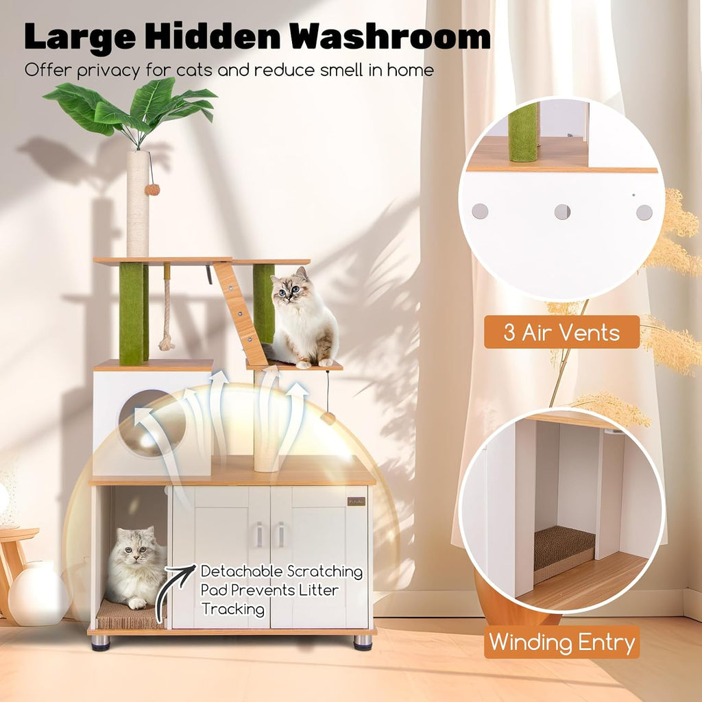 Cat Tree with Litter Box Enclosure, Multi-Level Modern Cat Tree Tower with Sisal Scratching Posts, Cat Condo, Ladder