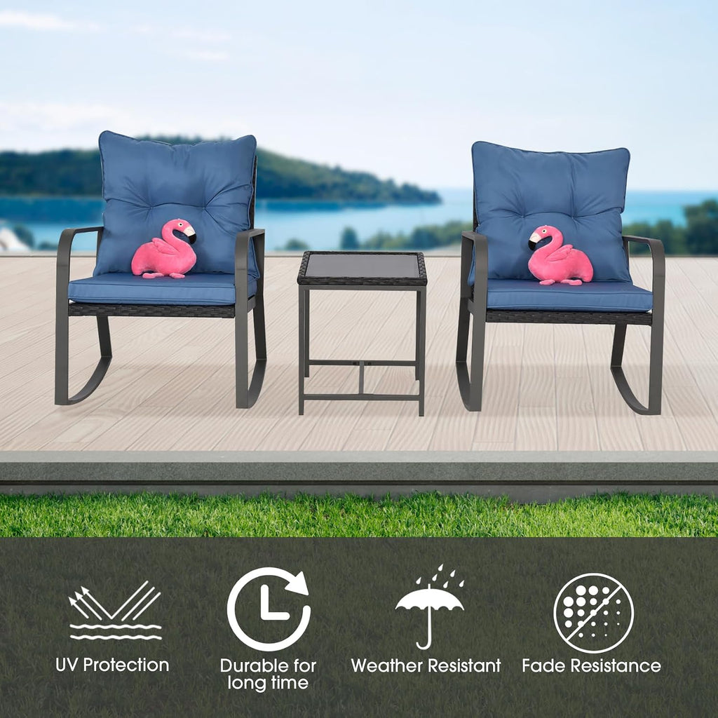 Bistro 3 Piece Patio Furniture Set, Patio Table and Rattan Outdoor Rocking Chairs Set of 2, Outdoor Bistro