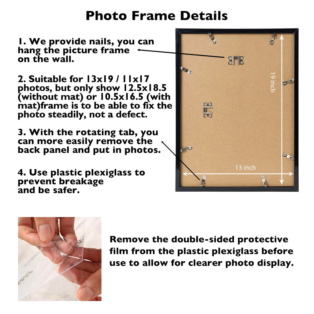 13x19 Picture Frame Set of 2 with 11x17 Mat, Black 13 x 19 Poster Frames with Shatter Resistant Plexiglass, Display