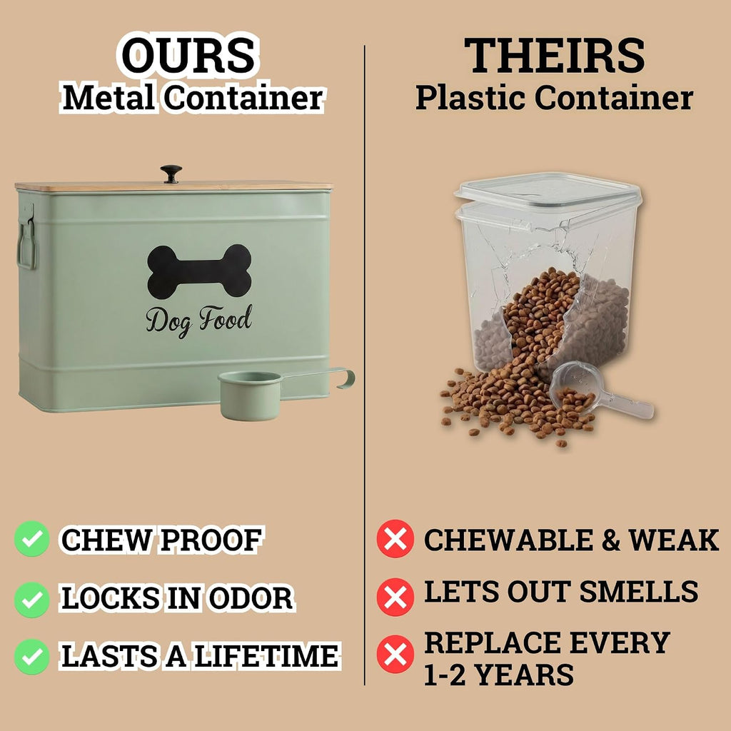 Metal Dog Food Container 15-20 lbs w/ Airtight Bamboo Lid, 70 Cup Capacity