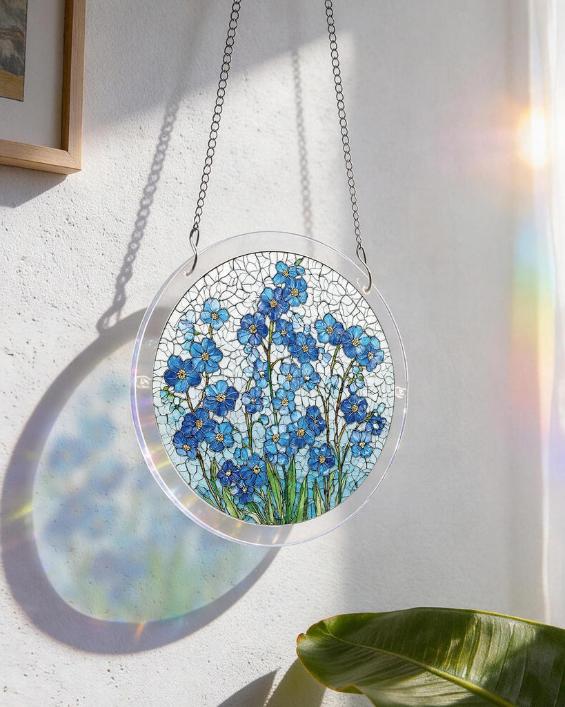 7.4 In Acrylic Suncatcher Puzzle, Azure Bloom Whisper Stained Glass Style