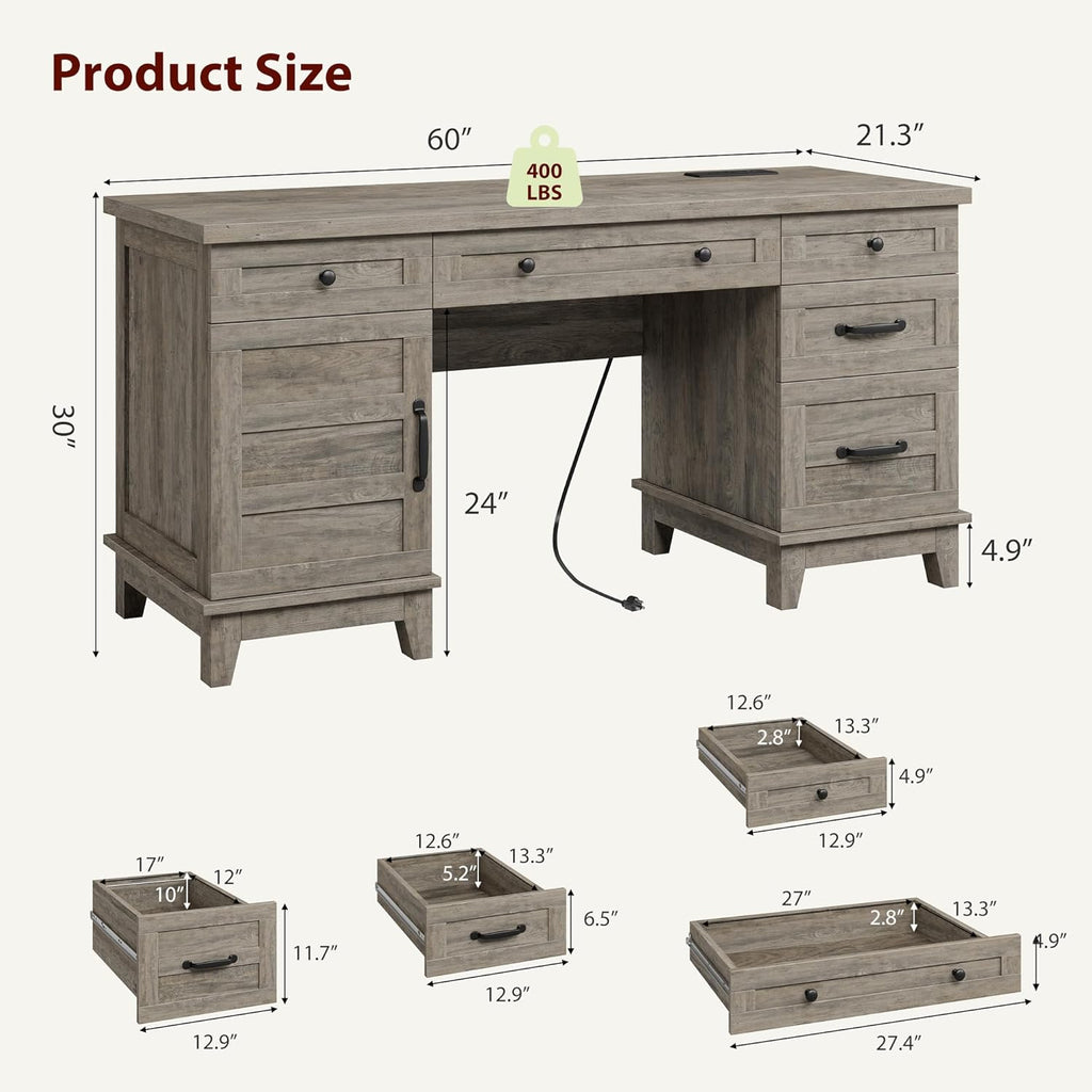 Farmhouse Executive Desk with File Drawers, 60 in Home Office Desk with Charging Station