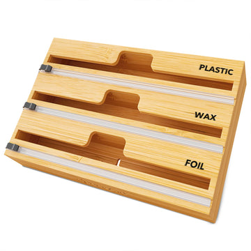 WrapNeat 3 in 1 Wrap Organizer with Cutter and Labels, Plastic Wrap, Aluminum Foil and Wax Bamboo Dispenser Storage