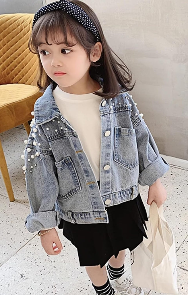 Girls Pearl Jean Jacket Toddler Denim Jacket Kids Button Down Denim Top Coat Embroidered Outwear
