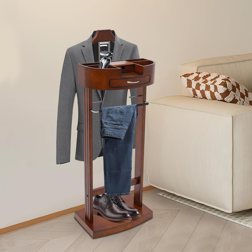 Wood Valet Stand With Wood Base, Freestanding Wooden Clothes Valet Stand Organizer with Hanger, Pant Rod, Drawer