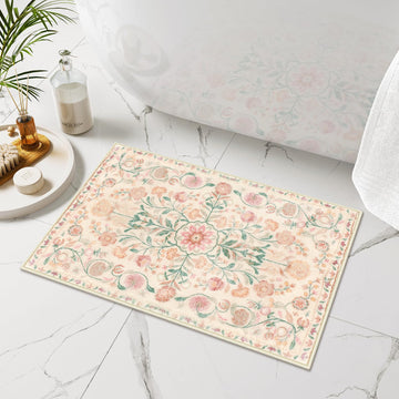 Boho Bath Mat Beige Floral Small Bathroom Rugs Ultra Soft Non-Slip Vintage Bath Mats Machine Washable Farmhouse