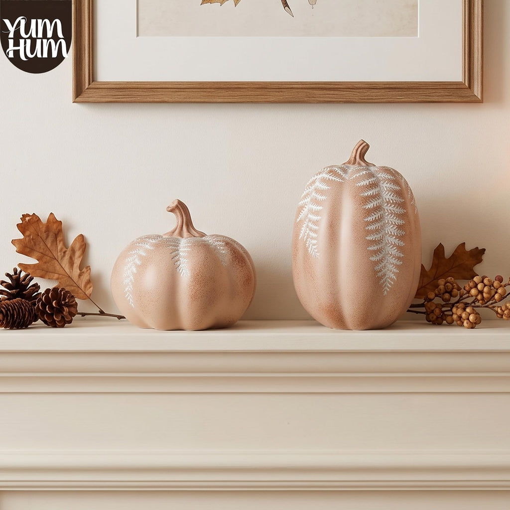 2Pcs Resin Pumpkin Figurines, Fern Fall Thanksgiving Decor
