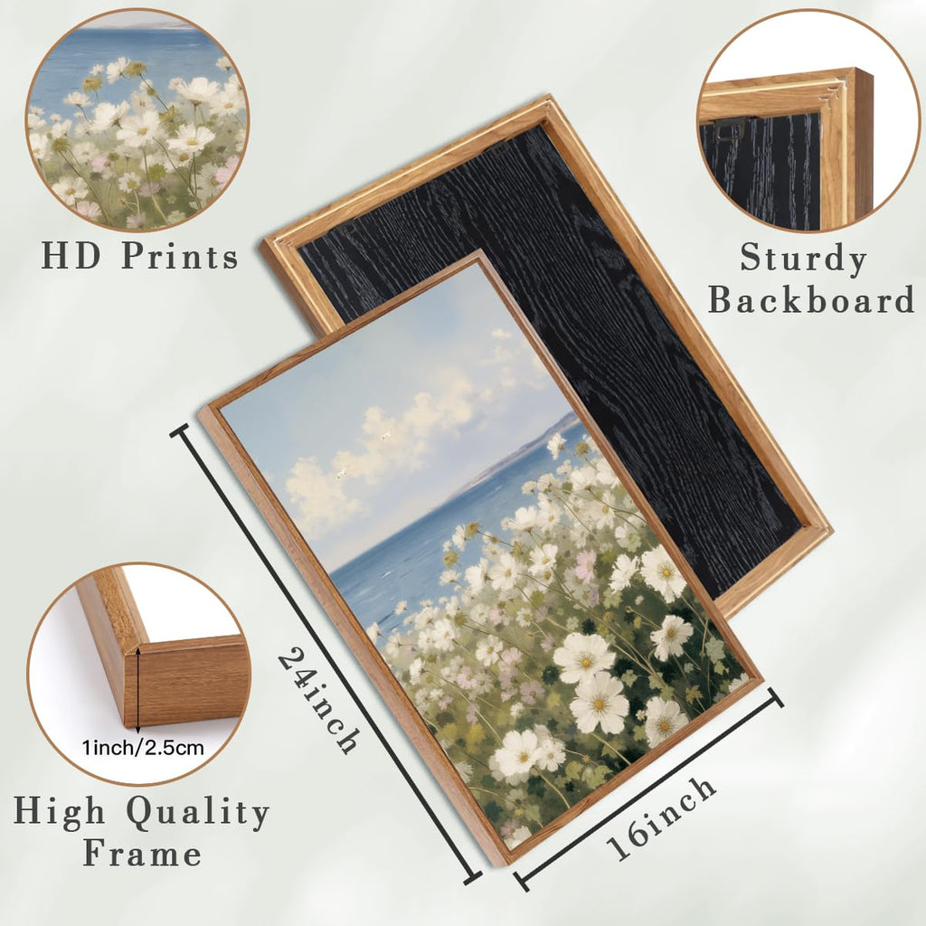 Large Farmhouse Flower Framed Wall Art 16x24 Inch Coastal Wildflower Canvas Wall Decor Modern Landscape Painting
