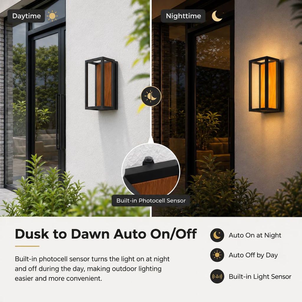 Dusk to Dawn Outdoor Wall Light, Wood Grain Black Frame, IP54
