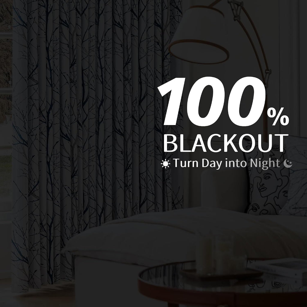 100% Blackout Curtains, Blue White Tree Curtains 84 Inches Long, Grey Farmhouse Room Darkening Window Curtains for